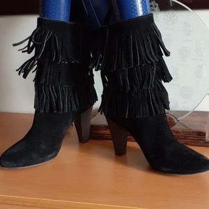 Joie Black Suede Rockefeller Heel Fringed Boots Size 5.5